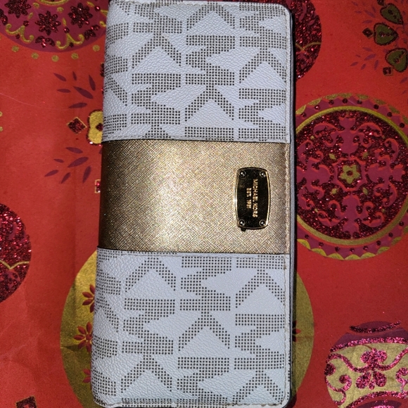 MICHAEL Michael Kors Handbags - Michael Kors Gold and Cream Signature large Wallet Wristlet